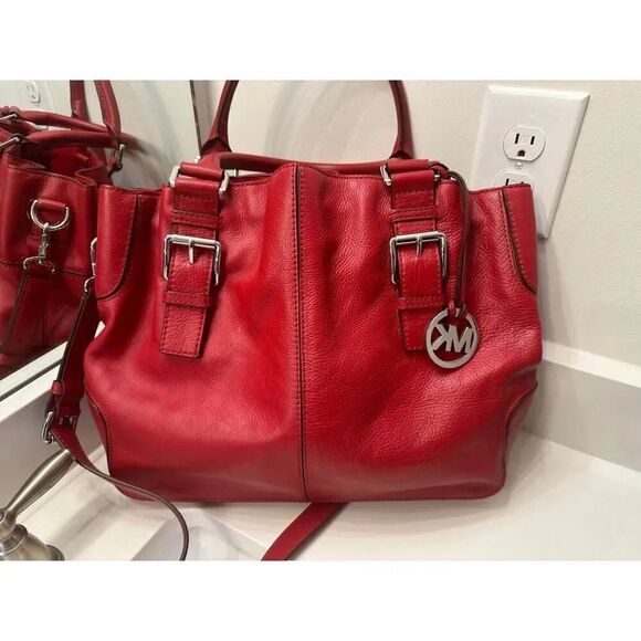 Michael Kors Brookville Red Leather Drawstring Double Handle Satchel Tote Bag - Picture 1 of 7